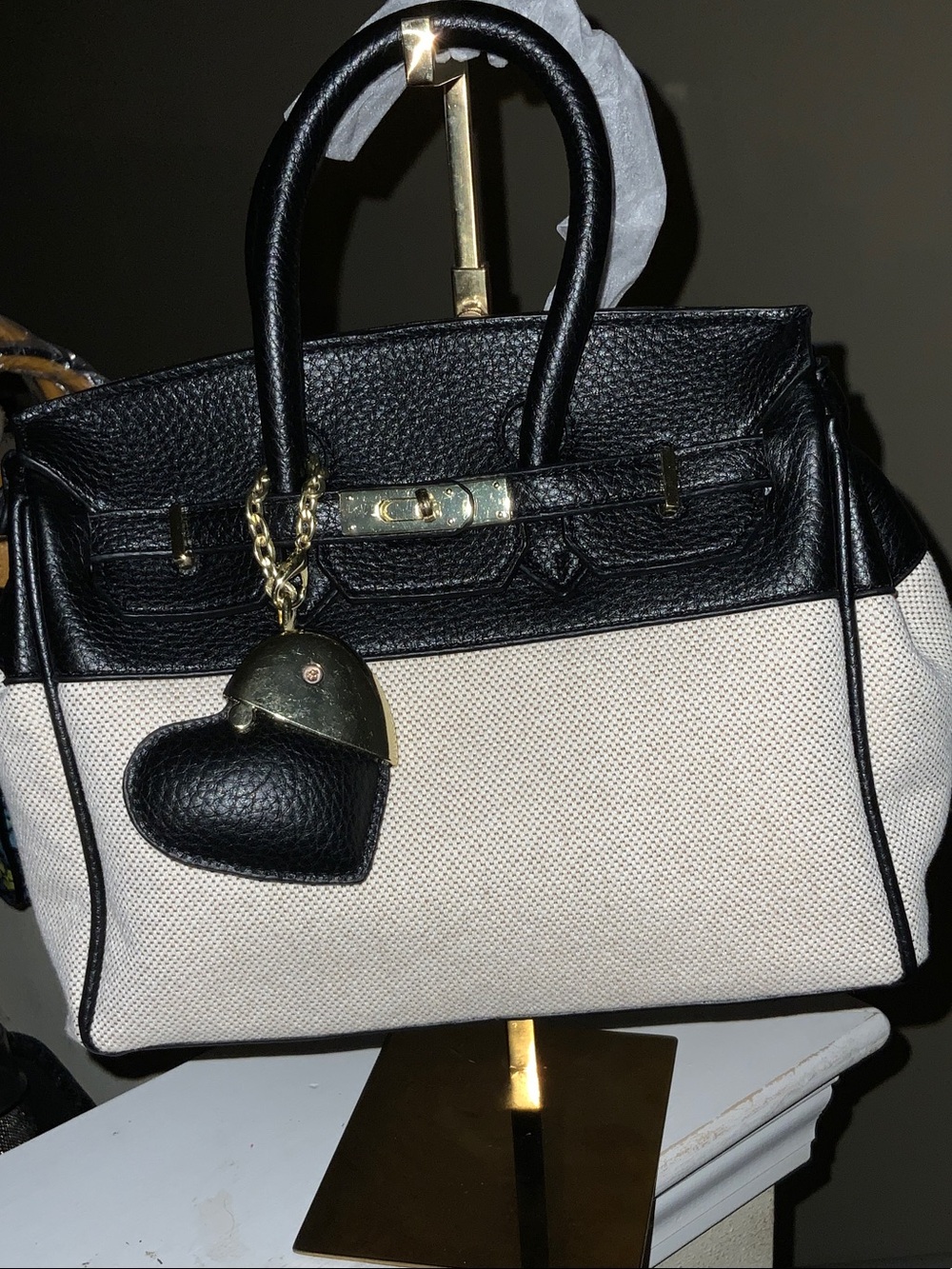 Black and Cream Structured Women’s Top-Handle Bag